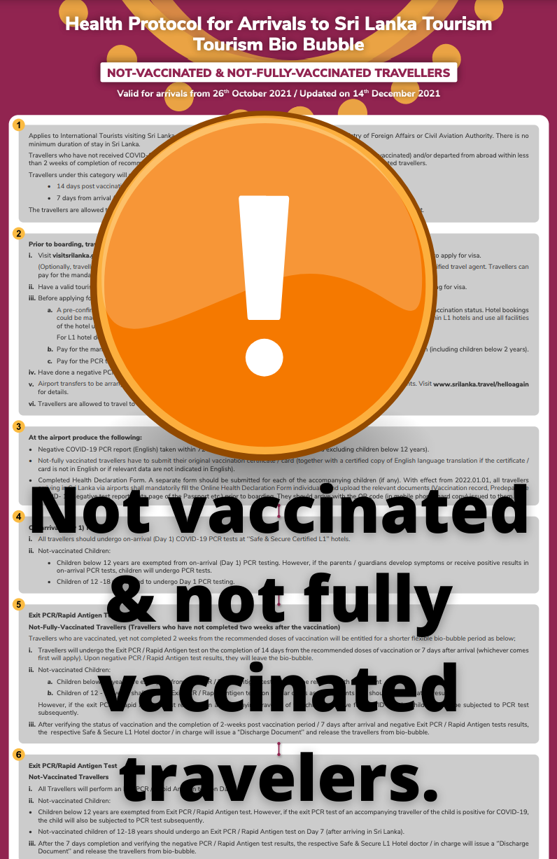 travel rules Sri Lanka 2022 unvaccinated